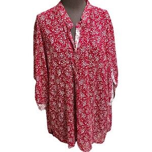 Susan Graver 2X Women’s Shirt Red & White Dot Print Sheer Tab Sleeve Banded Neck